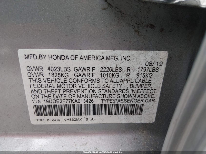 2019 Acura Ilx Premium Package/Technology Package VIN: 19UDE2F77KA013426 Lot: 45622069