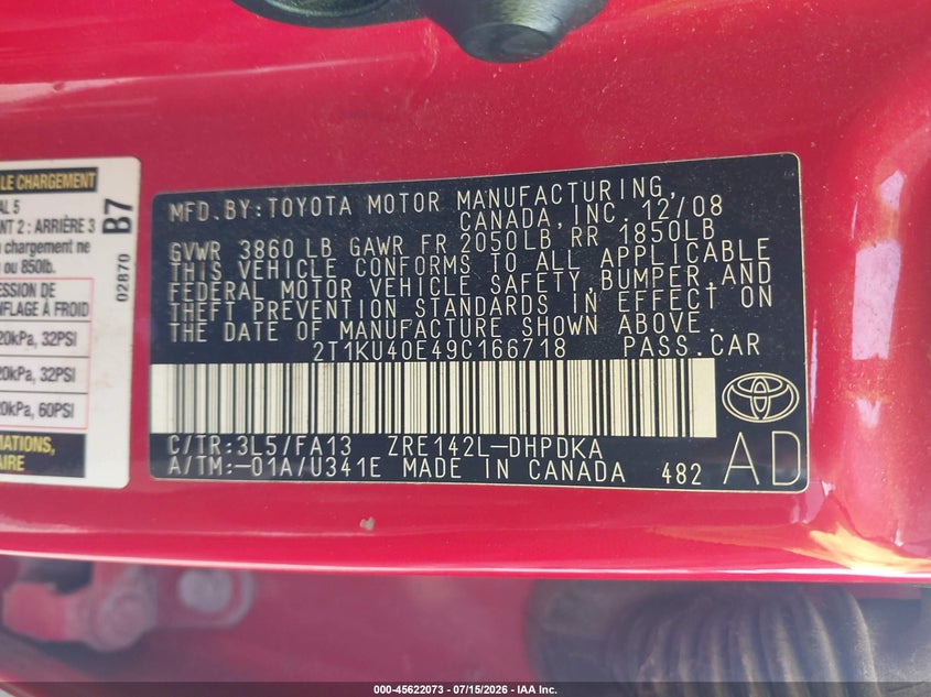2009 Toyota Matrix VIN: 2T1KU40E49C166718 Lot: 45622073