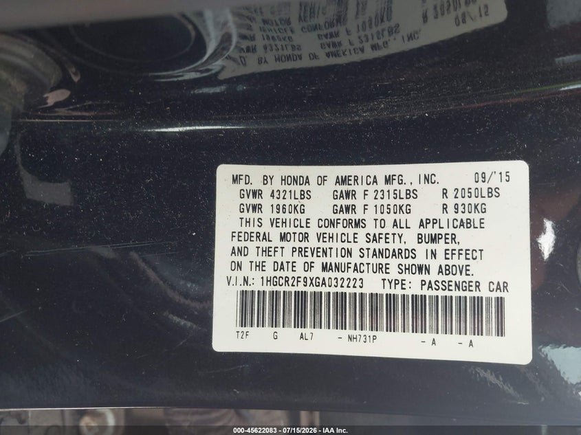 HONDA ACCORD 2016 VIN 1HGCR2F9XGA032223