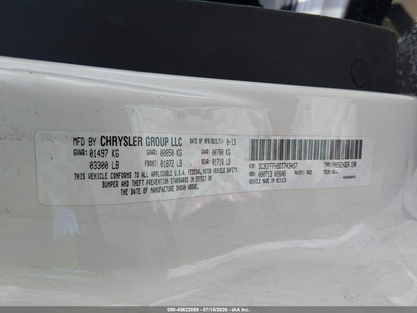 2013 Fiat 500 Abarth VIN: 3C3CFFFH9DT743457 Lot: 45622089