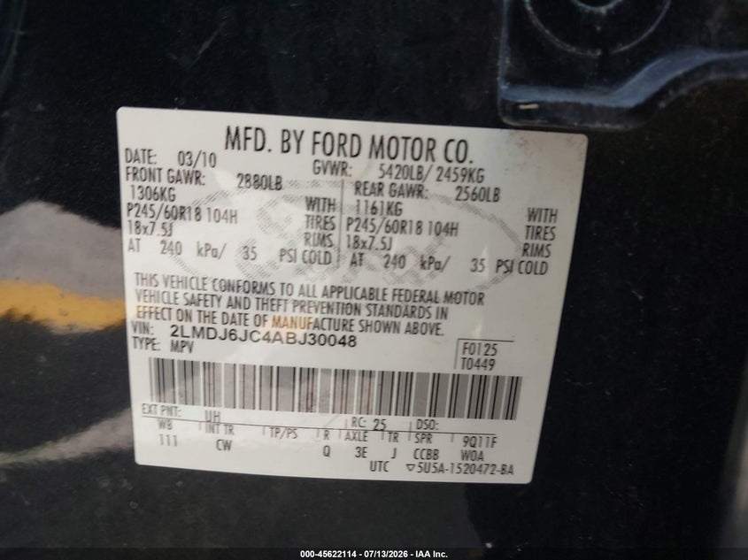 2010 Lincoln Mkx VIN: 2LMDJ6JC4ABJ30048 Lot: 45622114