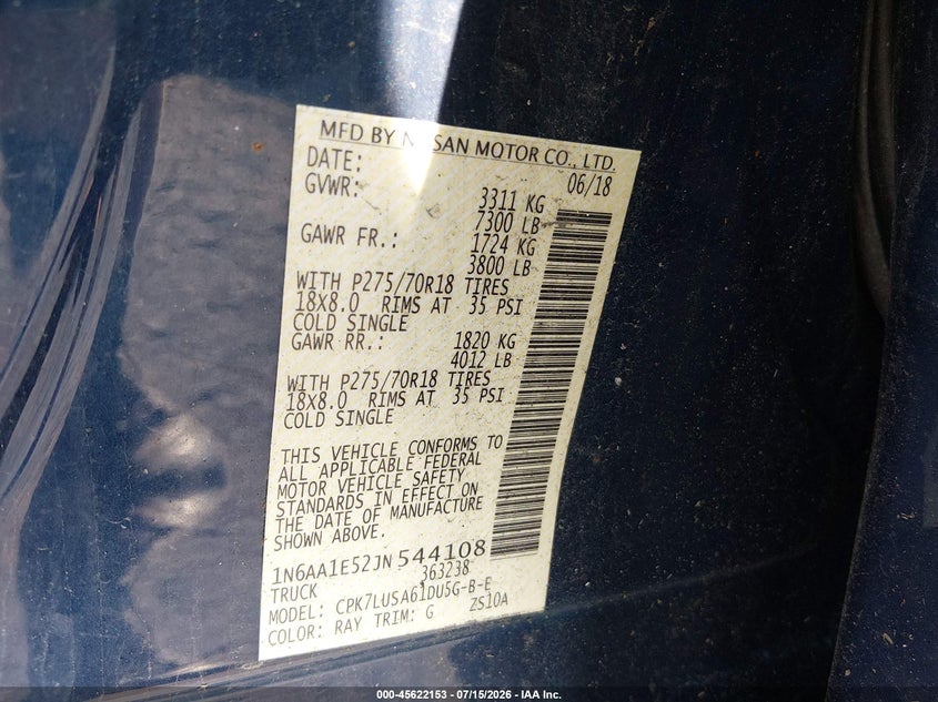 2018 Nissan Titan Pro-4X VIN: 1N6AA1E52JN544108 Lot: 45622153