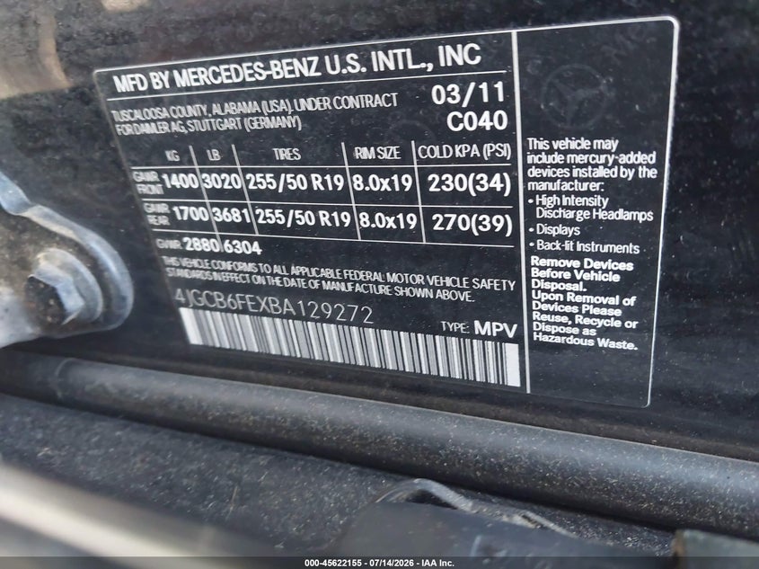 2011 Mercedes-Benz R 350 4Matic VIN: 4JGCB6FEXBA129272 Lot: 45622155