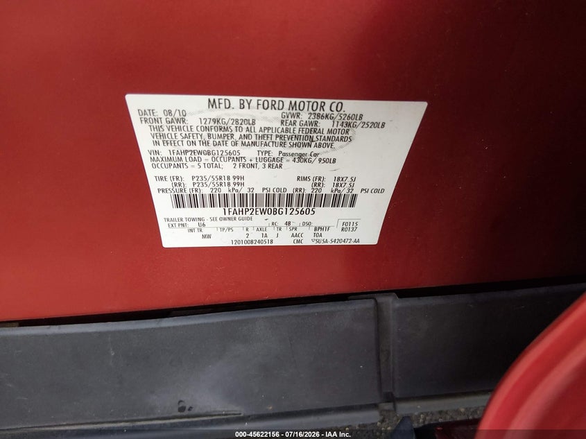 2011 Ford Taurus Sel VIN: 1FAHP2EW0BG125605 Lot: 45622156