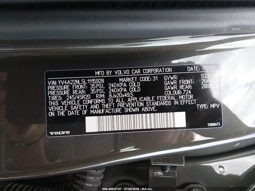 2020 Volvo V90 Cross Country T6 VIN: YV4A22NL5L1115928 Lot: 45622157