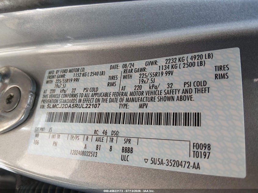 2024 Lincoln Corsair Reserve VIN: 5LMCJ2DA5RUL22107 Lot: 45622173