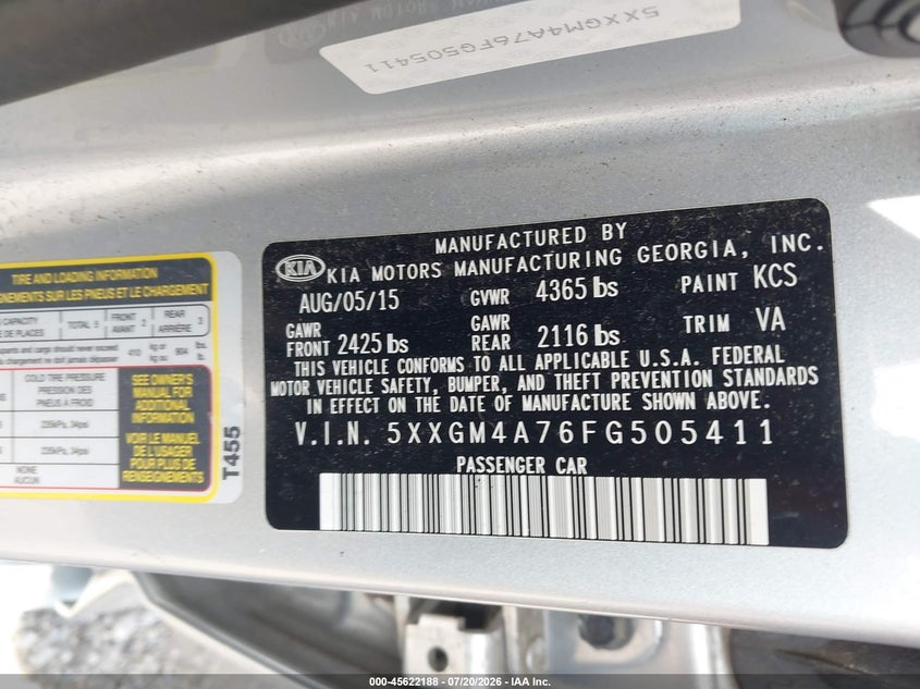 2015 Kia Optima Lx VIN: 5XXGM4A76FG505411 Lot: 45622188