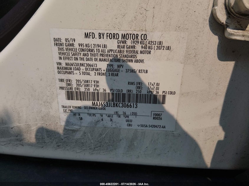 2019 Ford Ecosport Ses VIN: MAJ6S3JL8KC306613 Lot: 45622201