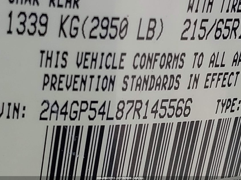 2007 Chrysler Town & Country Touring VIN: 2A4GP54L87R145566 Lot: 45622213