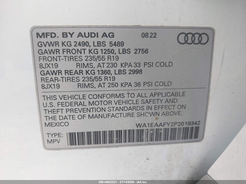 2023 Audi Q5 Premium Plus 45 Tfsi S Line Quattro VIN: WA1EAAFY2P2019342 Lot: 45622221