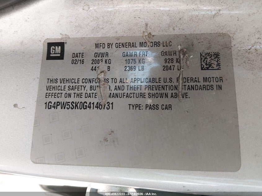 2016 Buick Verano Sport Touring Group VIN: 1G4PW5SK0G4146731 Lot: 45622223