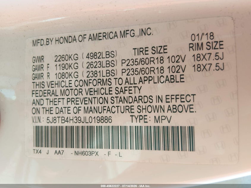 2018 Acura Rdx Acurawatch Plus Package VIN: 5J8TB4H39JL019886 Lot: 45622227