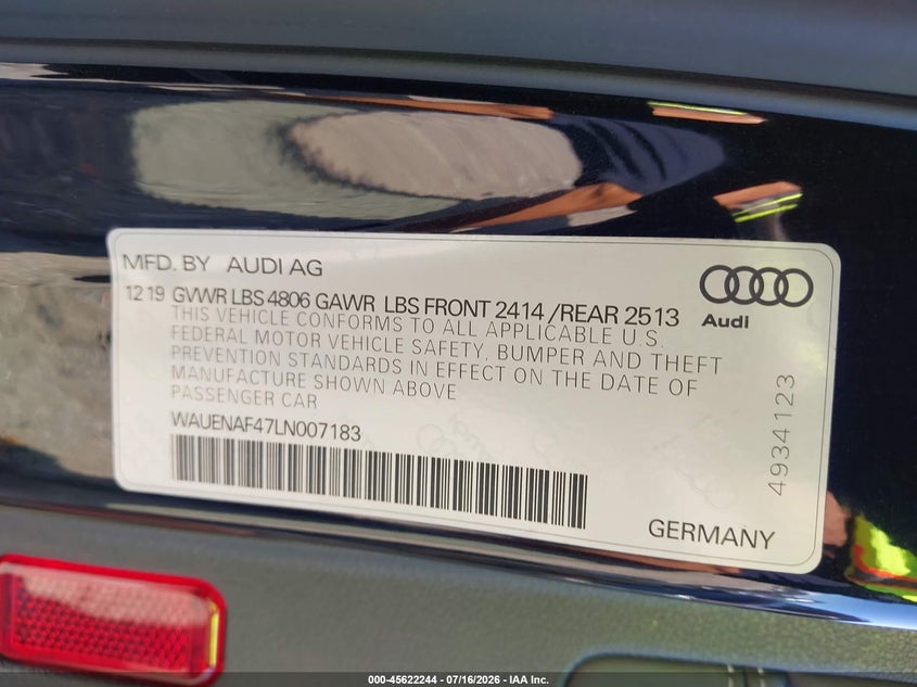 2020 Audi A4 Premium Plus 45 Tfsi Quattro S Tronic VIN: WAUENAF47LN007183 Lot: 45622244