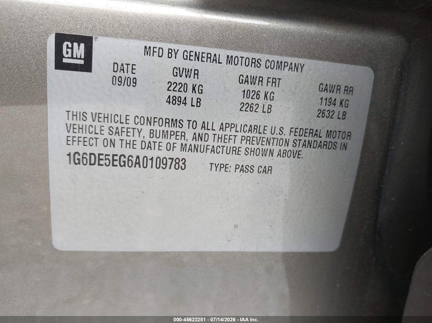 2010 Cadillac Cts Luxury VIN: 1G6DE5EG6A0109783 Lot: 45622251
