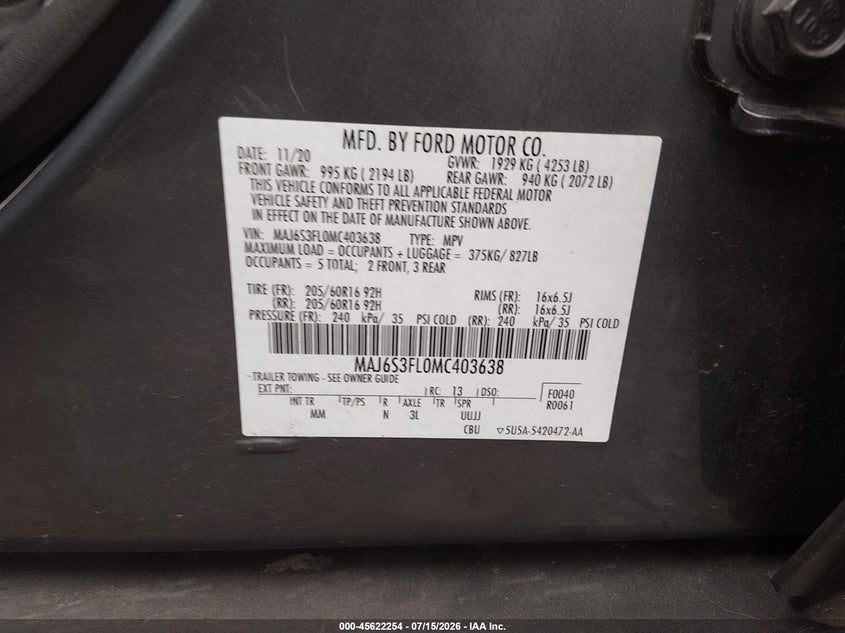 2021 Ford Ecosport S VIN: MAJ6S3FL0MC403638 Lot: 45622254