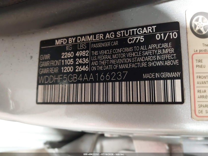 2010 Mercedes-Benz E 350 VIN: WDDHF5GB4AA166237 Lot: 45622291