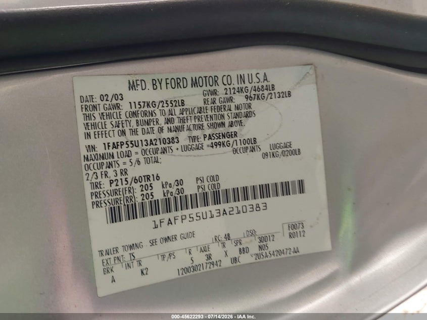2003 Ford Taurus Ses VIN: 1FAFP55U13A210383 Lot: 45622293