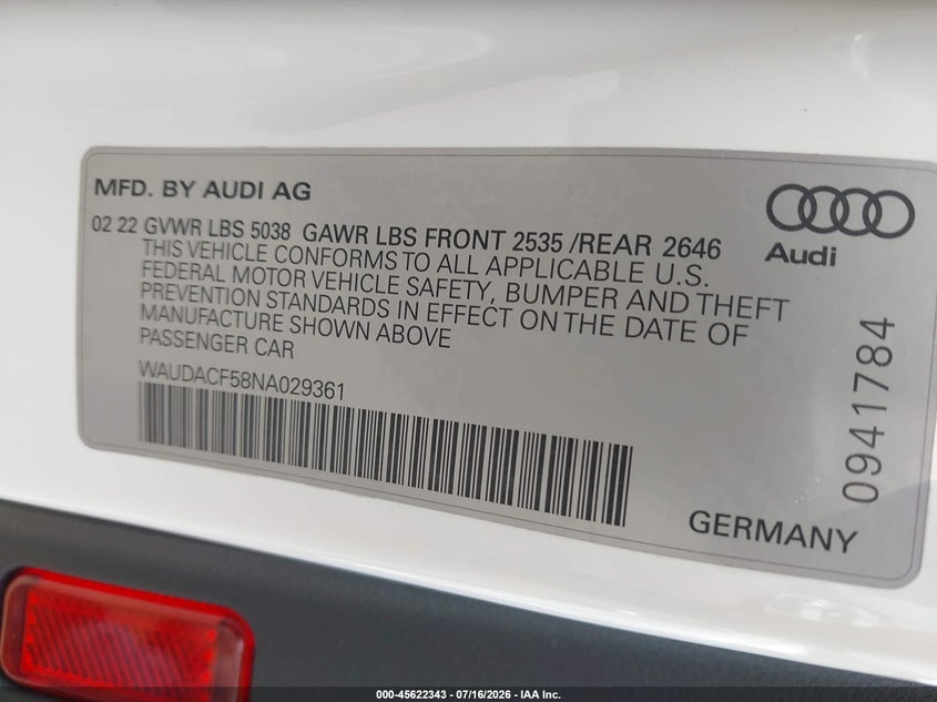 2022 Audi A5 Sportback Premium 45 Tfsi S Line Quattro S Tronic VIN: WAUDACF58NA029361 Lot: 45622343