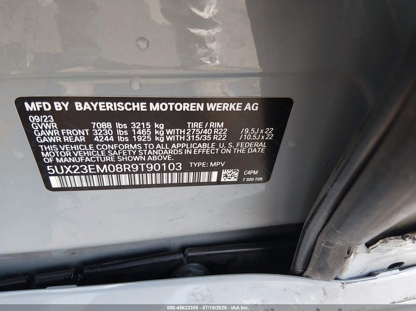 2024 BMW X7 xDrive40I VIN: 5UX23EM08R9T90103 Lot: 45622355