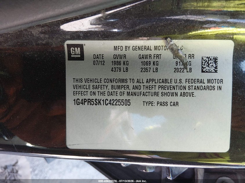 2012 Buick Verano Convenience Group VIN: 1G4PR5SK1C4225505 Lot: 45622376