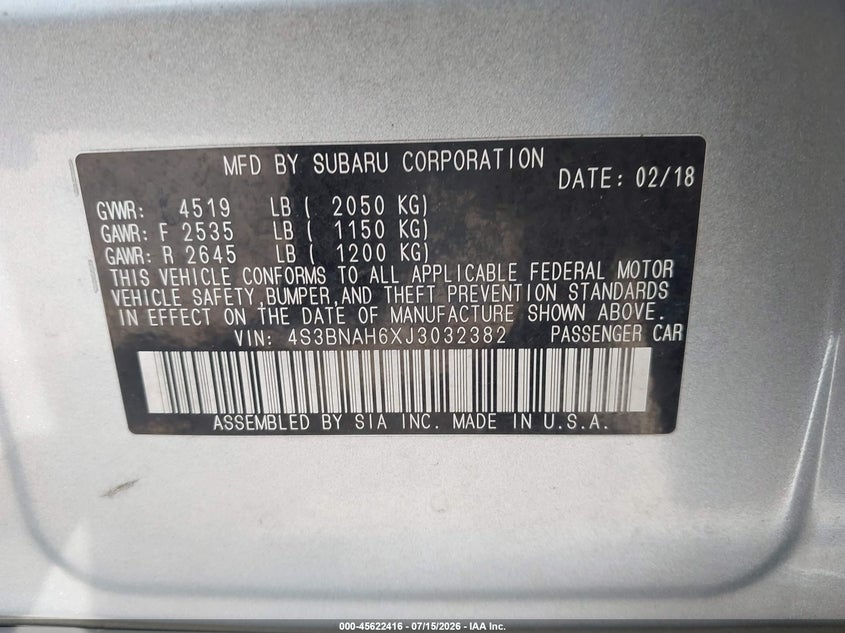 2018 Subaru Legacy 2.5I Premium VIN: 4S3BNAH6XJ3032382 Lot: 45622416