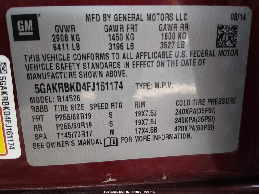 2015 Buick Enclave Leather VIN: 5GAKRBKD4FJ161174 Lot: 45622422