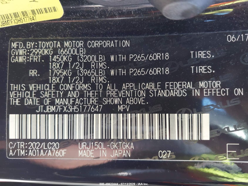 2017 Lexus Gx 460 VIN: JTJBM7FX3H5177647 Lot: 45622444
