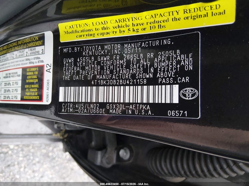 2011 Toyota Avalon Limited VIN: 4T1BK3DB2BU421158 Lot: 45622458
