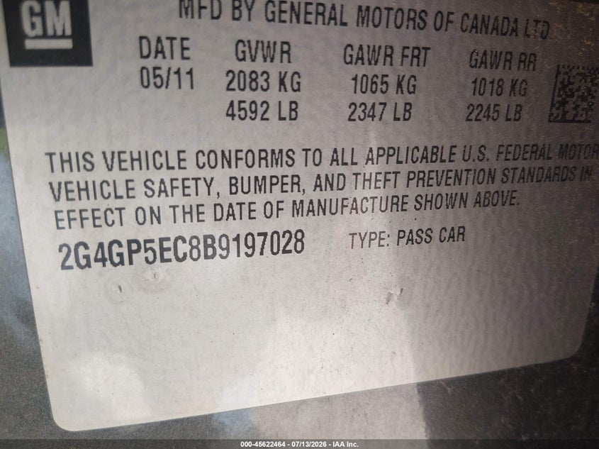 2011 Buick Regal Cxl Oshawa VIN: 2G4GP5EC8B9197028 Lot: 45622464
