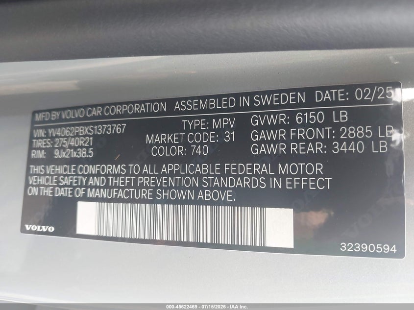2025 Volvo Xc90 B6 Plus 7-Seater VIN: YV4062PBXS1373767 Lot: 45622469