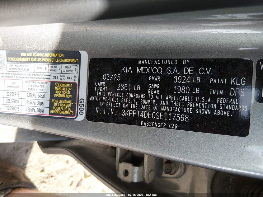 2025 Kia K4 Lxs VIN: 3KPFT4DE0SE117568 Lot: 45622487