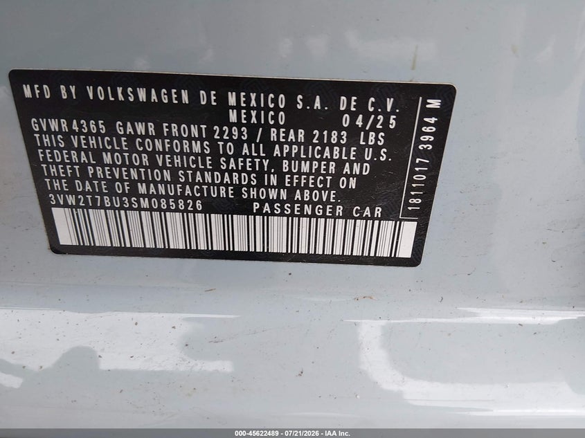2025 Volkswagen Jetta Gli 2.0T Autobahn VIN: 3VW2T7BU3SM085826 Lot: 45622489