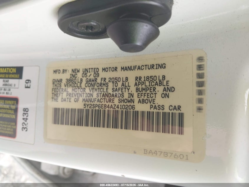 2010 Pontiac Vibe VIN: 5Y2SP6E84AZ410206 Lot: 45622493
