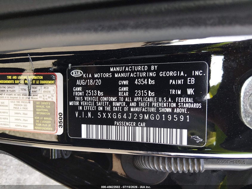 2021 Kia K5 Gt-Line VIN: 5XXG64J29MG019591 Lot: 45622502