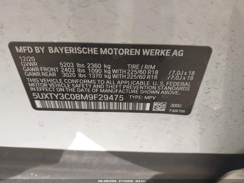 2021 BMW X3 Sdrive30I VIN: 5UXTY3C08M9F29475 Lot: 45622505