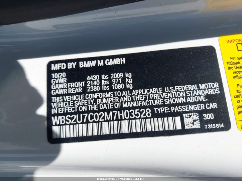 2021 BMW M2 Competition VIN: WBS2U7C02M7H03528 Lot: 45622509