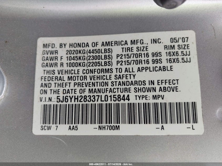 2007 Honda Element Lx VIN: 5J6YH28337L015844 Lot: 45622511