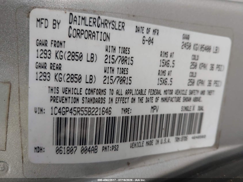 2005 Chrysler Town & Country VIN: 1C4GP45R55B221646 Lot: 45622517