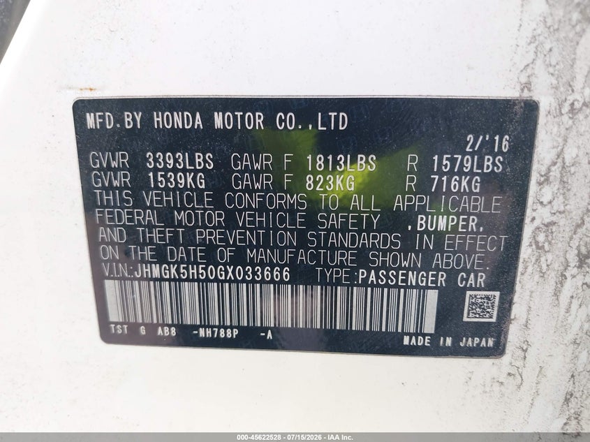 2016 Honda Fit Lx VIN: JHMGK5H50GX033666 Lot: 45622528