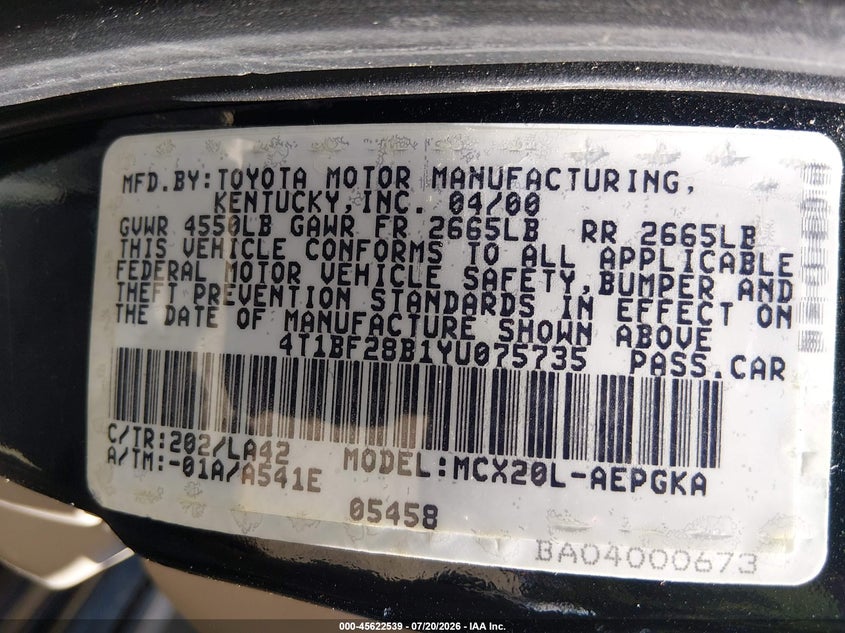 2000 Toyota Avalon Xls VIN: 4T1BF28B1YU075735 Lot: 45622539