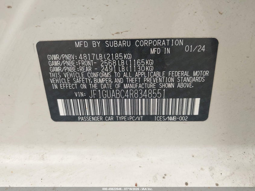 2024 Subaru Impreza Base 5-Door VIN: JF1GUABC4R8348551 Lot: 45622546