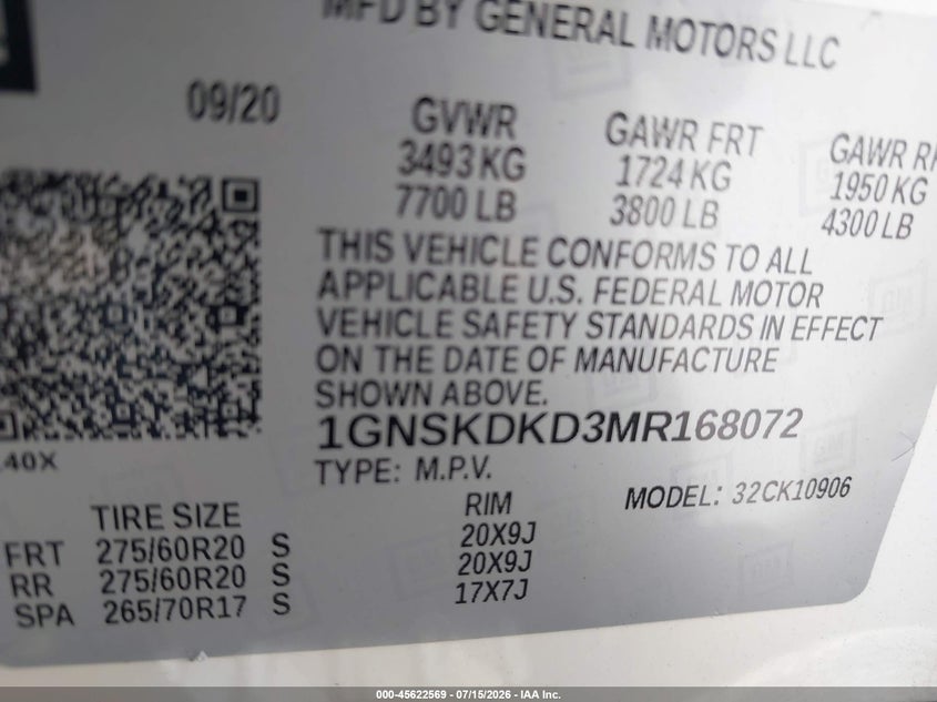 2021 Chevrolet Suburban 4Wd Z71 VIN: 1GNSKDKD3MR168072 Lot: 45622569