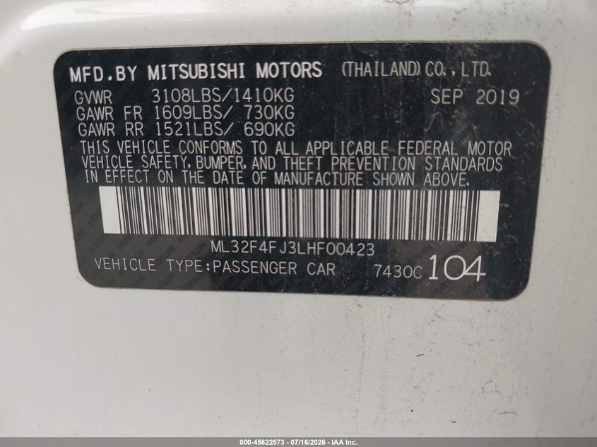 2020 Mitsubishi Mirage G4 Se VIN: ML32F4FJ3LHF00423 Lot: 45622573