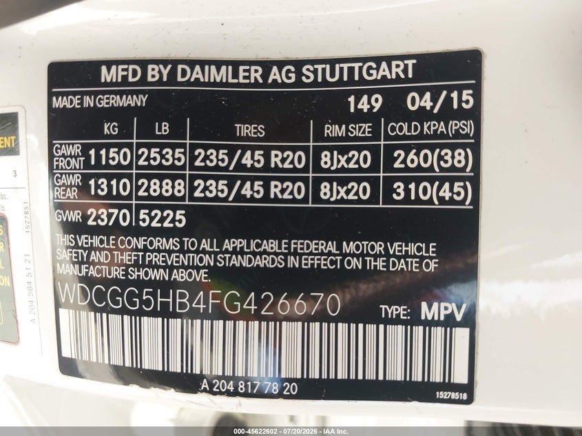 2015 Mercedes-Benz Glk 350 VIN: WDCGG5HB4FG426670 Lot: 45622602