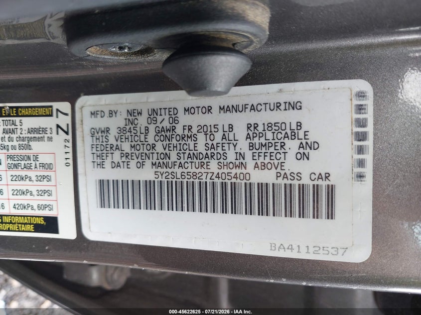 2007 Pontiac Vibe VIN: 5Y2SL65827Z405400 Lot: 45622625