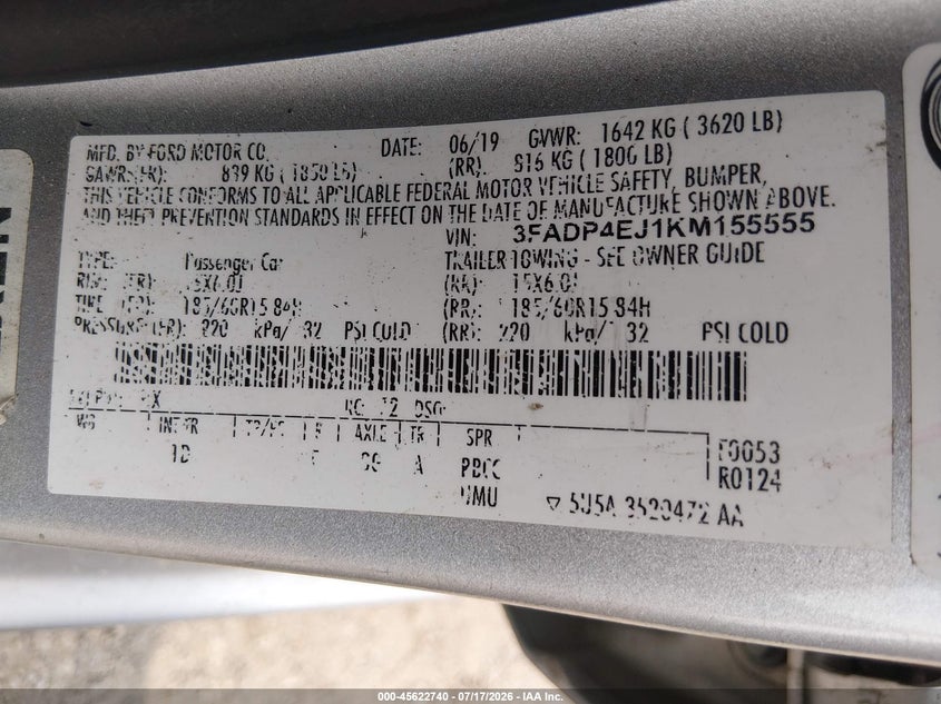 2019 Ford Fiesta Se VIN: 3FADP4EJ1KM155555 Lot: 45622740