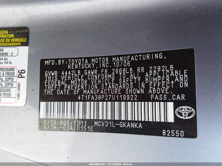 2007 Toyota Camry Solara Sport VIN: 4T1FA38P27U119922 Lot: 45622761