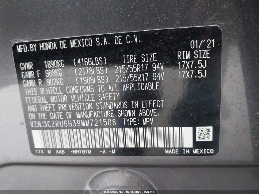 2021 Honda Hr-V Awd Lx VIN: 3CZRU6H39MM721508 Lot: 45622769