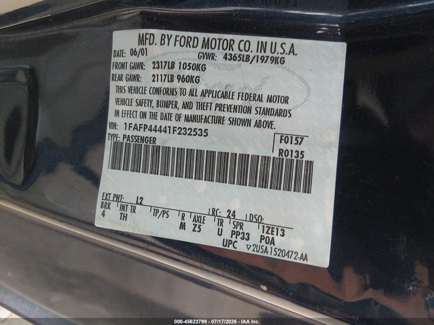 2001 FORD MUSTANG CABRIO 3.8L V-6 193HP