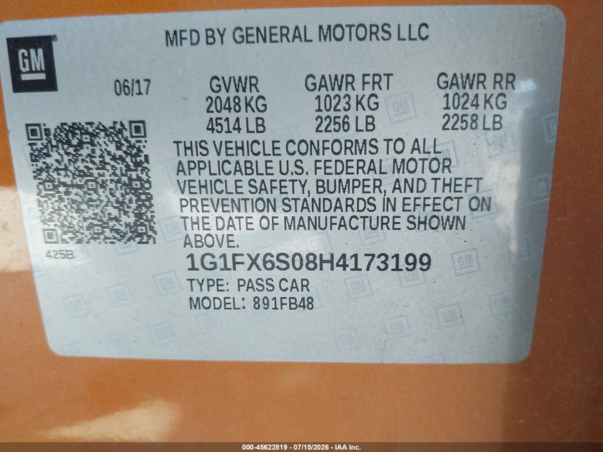 2017 Chevrolet Bolt Ev Premier VIN: 1G1FX6S08H4173199 Lot: 45622819